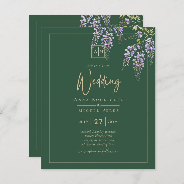 LeahG Green Purple WISTERIA Wedding INVITE (Front/Back)