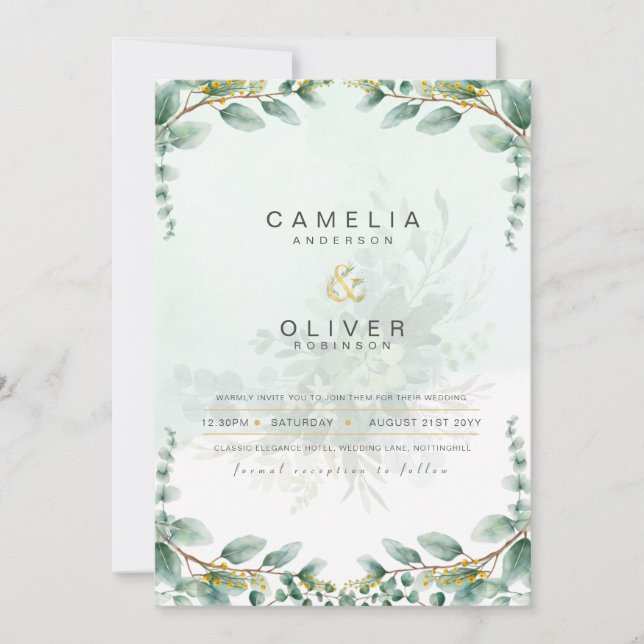 LeahG Greenery Eucalyptus Gold Wedding Invite QR C (Front)