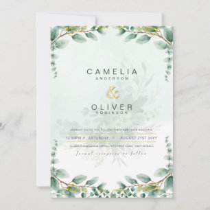 LeahG Greenery Eucalyptus Gold Wedding Invite QR C