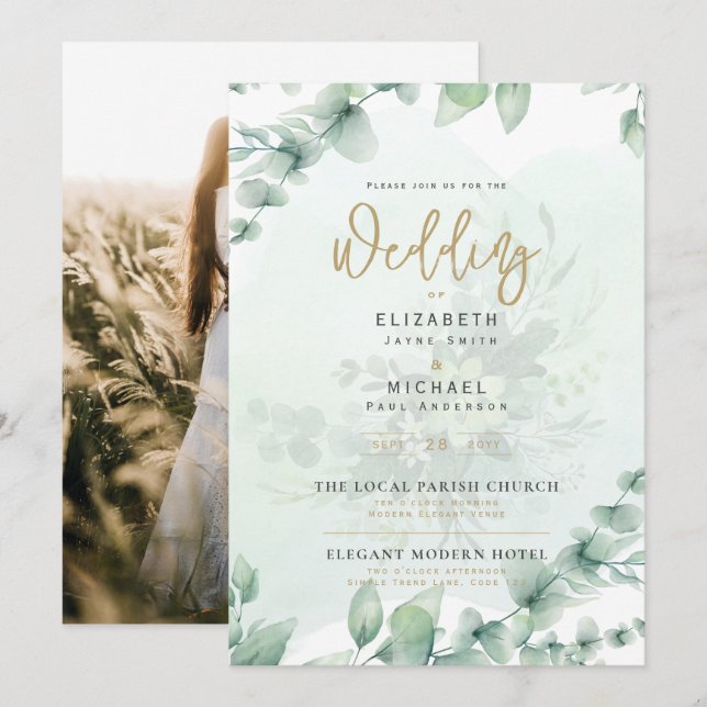 LeahG Greenery Gold PHOTO Wedding Invite (Front/Back)