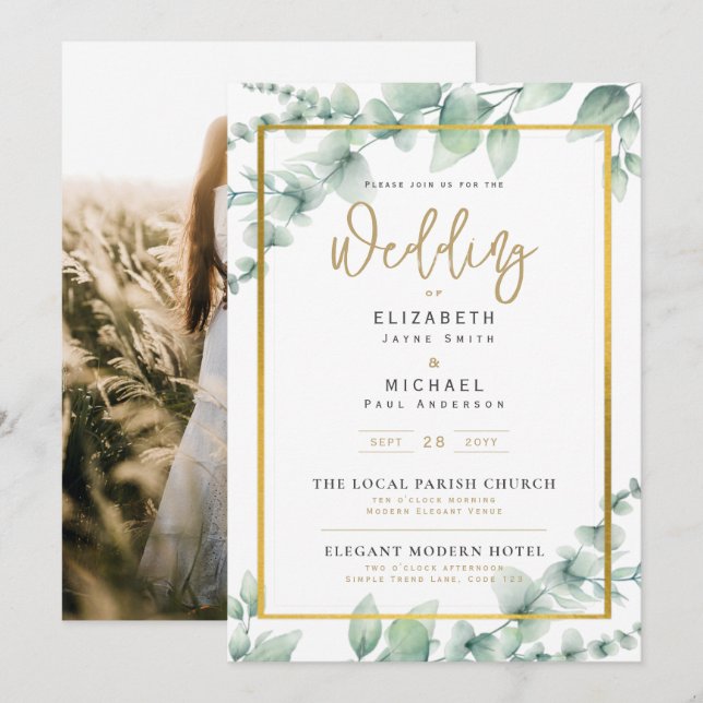 LeahG Greenery Gold PHOTO Wedding Invite (Front/Back)