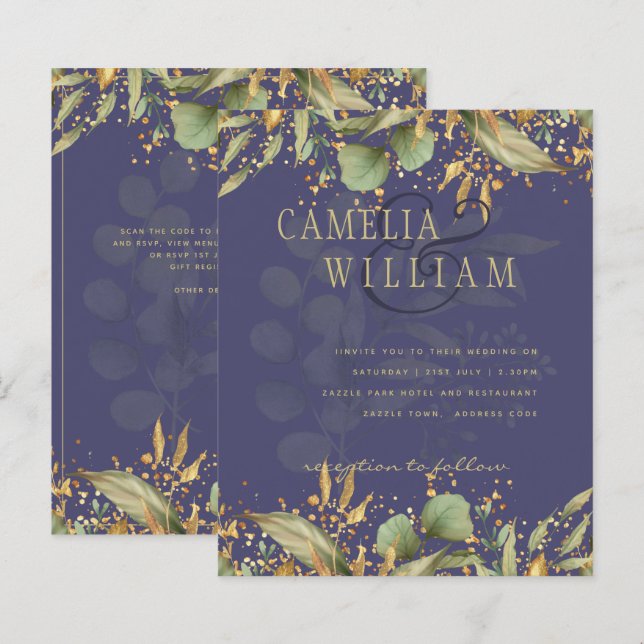LeahG Greenery Gold Wedding Invite MANY COLORS (Front/Back)