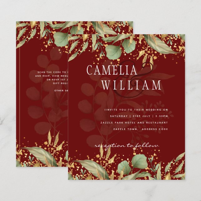 LeahG Greenery Gold Wedding Invite MANY COLORS (Front/Back)