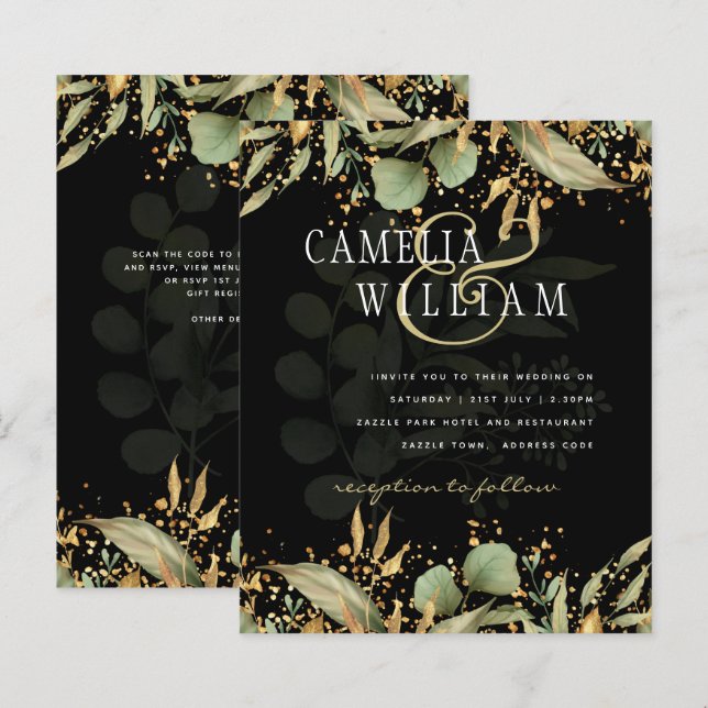 LeahG Greenery Leaves Black Gold Wedding Invite (Front/Back)