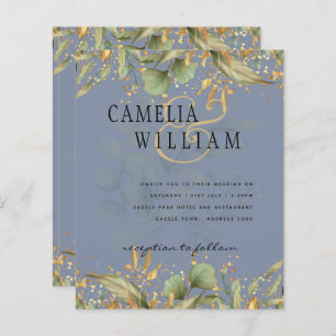 LeahG Greenery Leaves Blue Gold Wedding Invite