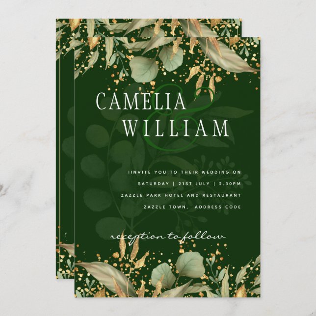 LeahG Greenery Leaves Green Gold Wedding Invite (Front/Back)