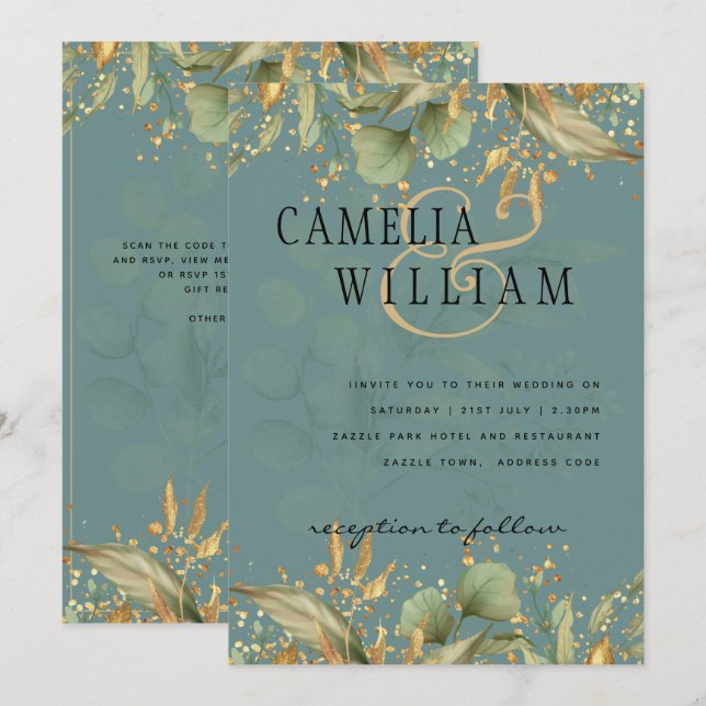 LeahG Greenery Leaves Green Gold Wedding Invite (Front/Back)
