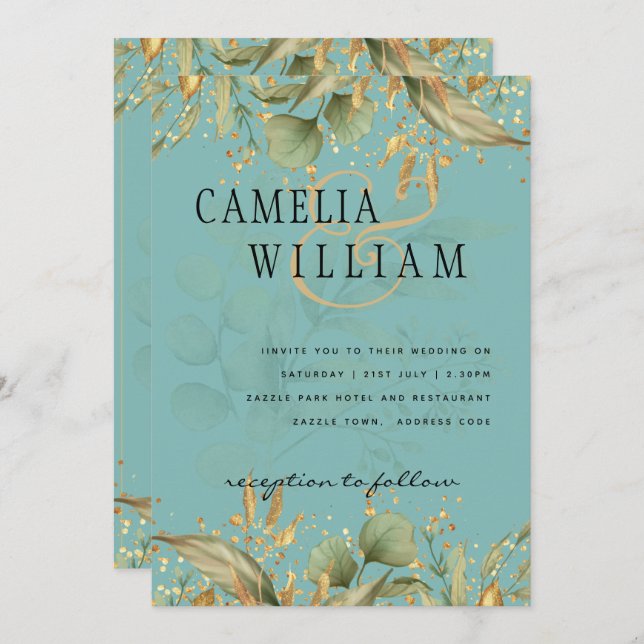 LeahG Greenery Sea Glass Teal Gold Wedding Invite (Front/Back)