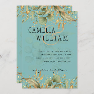 LeahG Greenery Sea Glass Teal Gold Wedding Invite