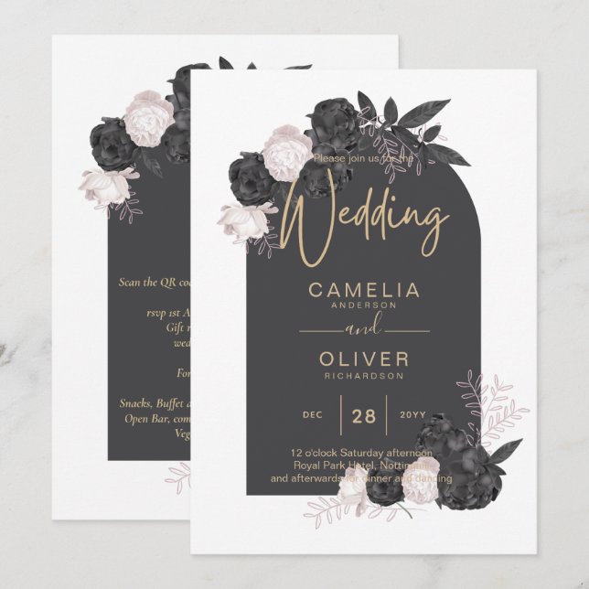 LeahG Grey Pink Roses Modern Fall Winter Wedding  Invitation (Front/Back)