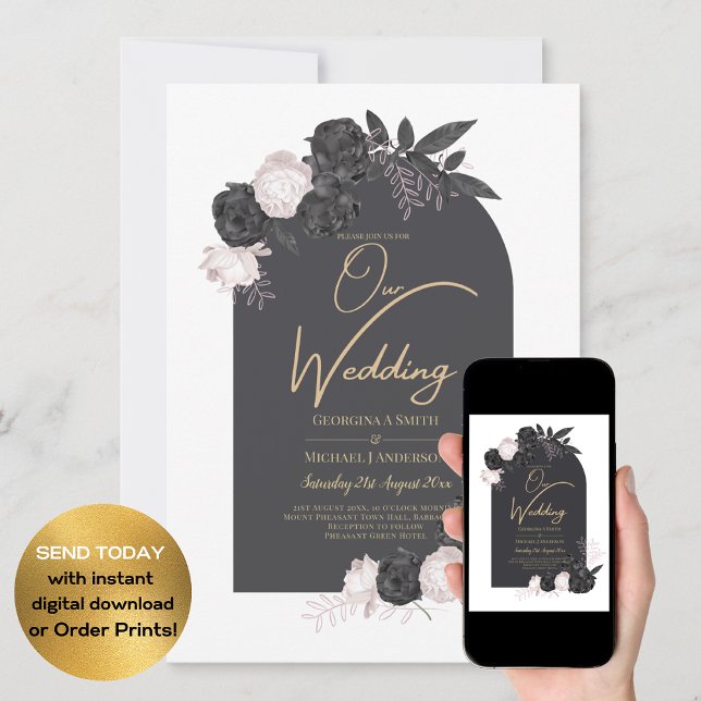 LeahG Grey Pink Roses Modern Fall Winter Wedding  Invitation (Creator Uploaded)