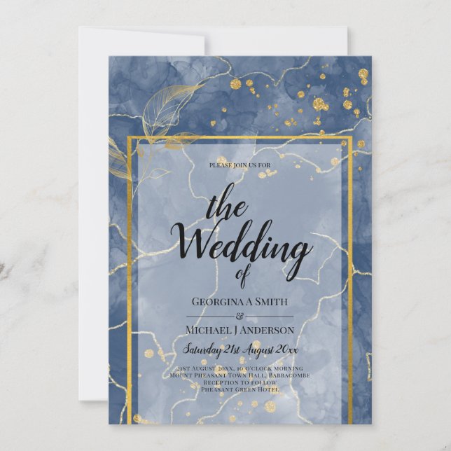 LeahG INK Navy Blue Gold Wedding Invitation (Front)