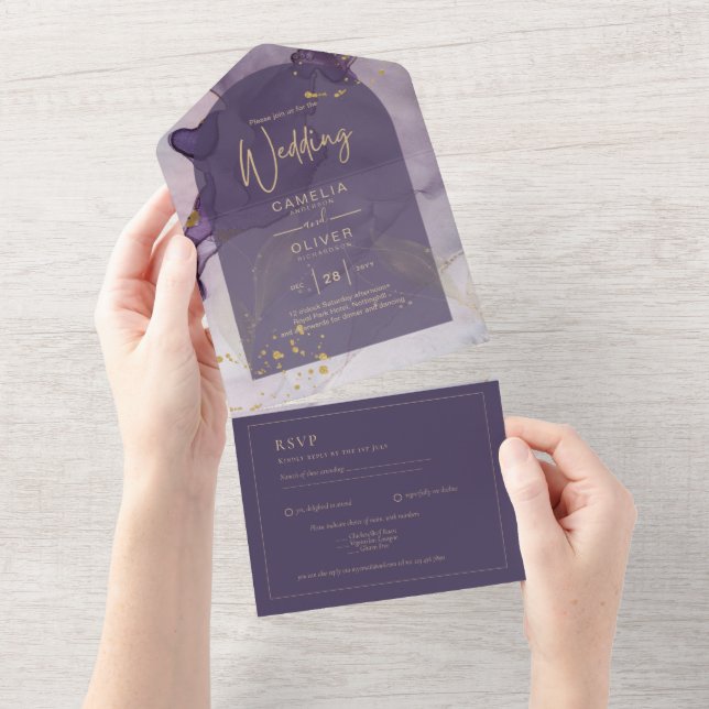 LeahG Ink Ombre Purple Lavender Gold Wedding All In One Invitation (Tearaway)