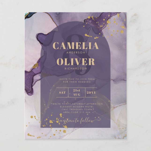 LeahG Ink Ombre Purple Lavender Gold Wedding Flyer (Front)