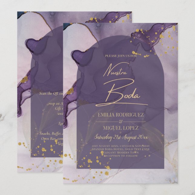 LeahG Ink Ombre Purple Lavender Gold Wedding Invitation (Front/Back)
