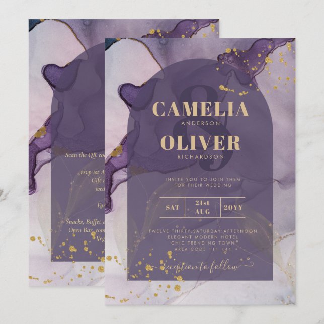 LeahG Ink Ombre Purple Lavender Gold Wedding Invitation (Front/Back)