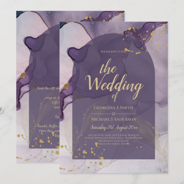 LeahG Ink Ombre Purple Lavender Gold Wedding Invitation (Front/Back)