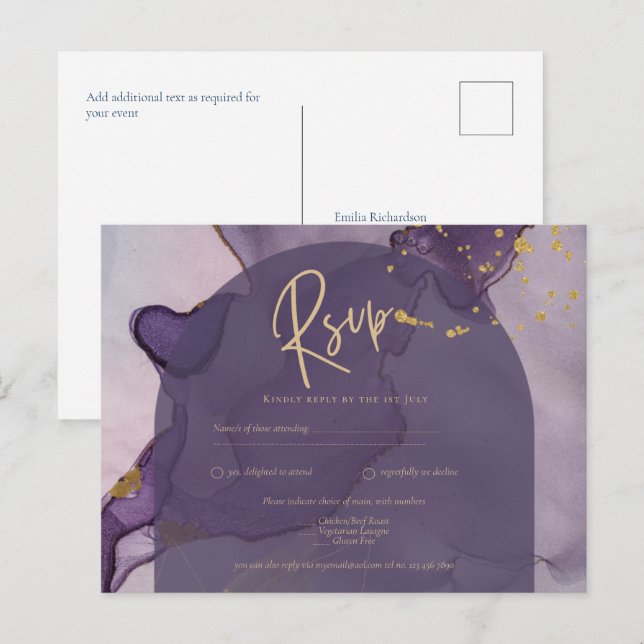 LeahG Ink Ombre Purple Lavender Gold Wedding Postcard (Front/Back)