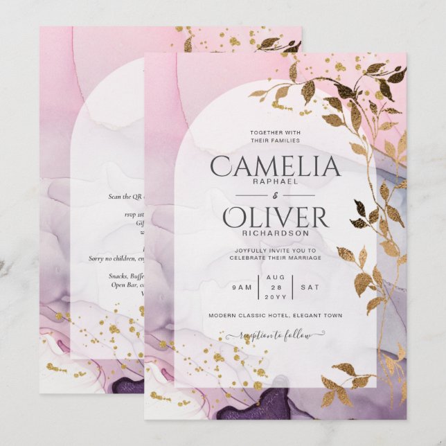 LeahG Ink Ombre Purple Pink Pink Gold Wedding Invitation (Front/Back)