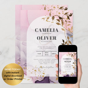 LeahG Ink Ombre Purple Pink Pink Gold Wedding Invitation