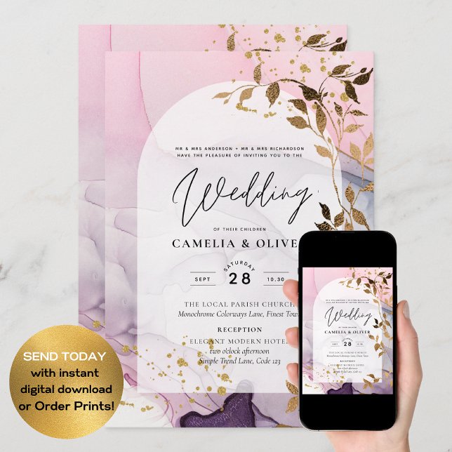 LeahG Ink Ombre Purple Pink Pink Gold Wedding Invitation (Creator Uploaded)