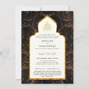 LeahG Islamic Wedding Black Gold Modern Elegant Invitation