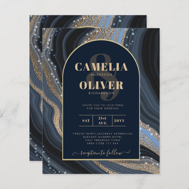 LeahG Navy Blue Gold Agate STARRY NIGHT Wedding  (Front/Back)