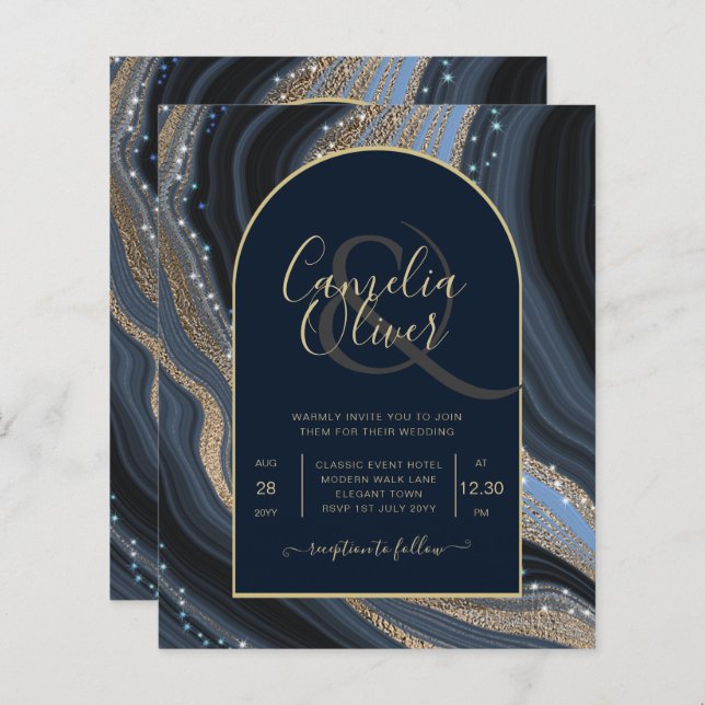 LeahG Navy Blue Gold Agate STARRY NIGHT Wedding  (Front/Back)