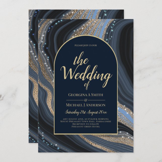 LeahG Navy Blue Gold Agate STARRY NIGHT Wedding  Invitation (Front/Back)