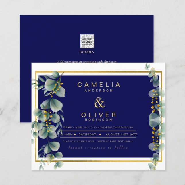 LeahG NAVY BLUE GOLD Greenery Eucalyptus Wedding (Front/Back)