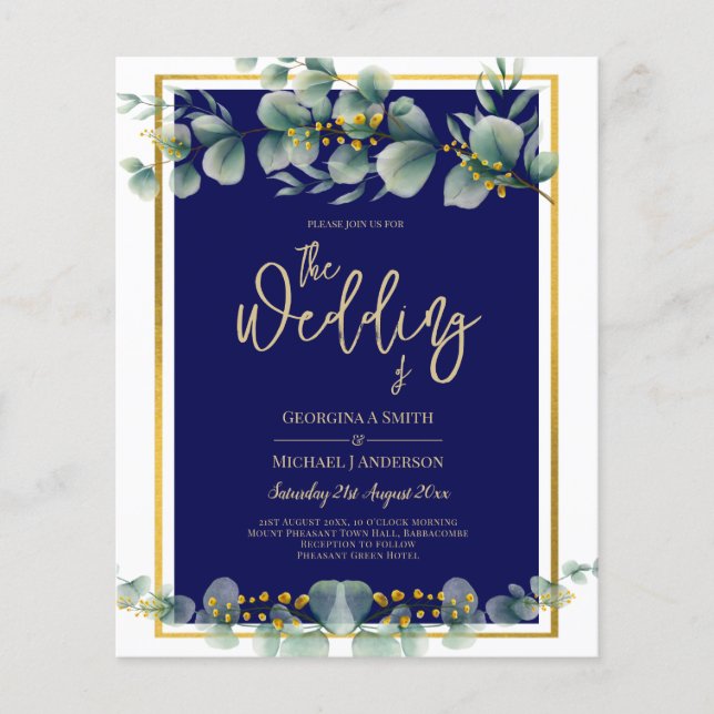 LeahG NAVY BLUE GOLD Greenery Eucalyptus Wedding Flyer (Front)