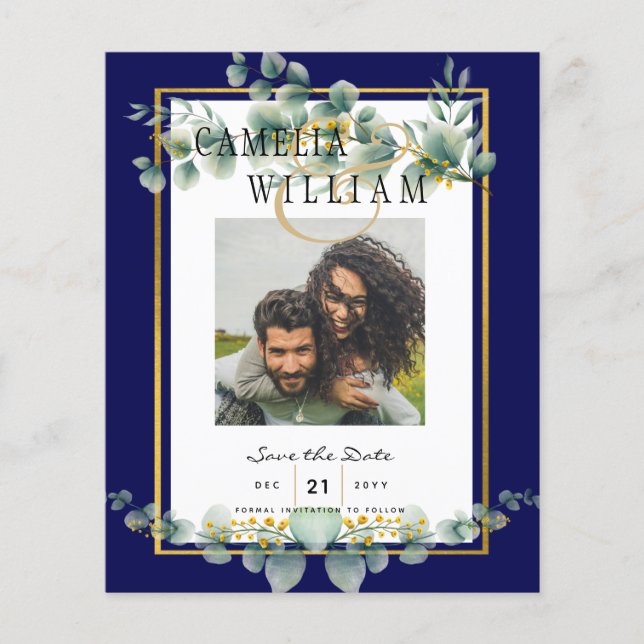 LeahG NAVY BLUE GOLD Greenery Eucalyptus Wedding Flyer (Front)