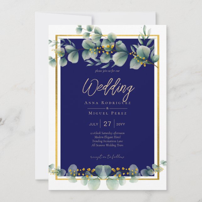 LeahG NAVY BLUE GOLD Greenery Eucalyptus Wedding Invitation (Front)