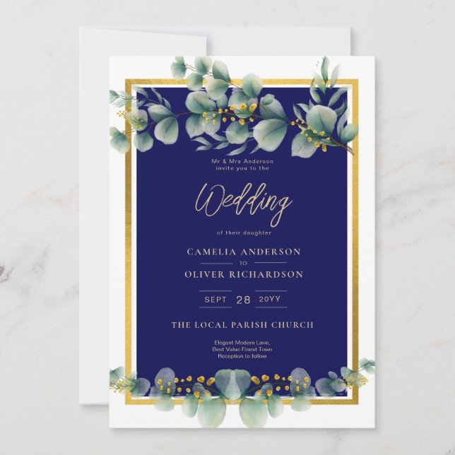 LeahG NAVY BLUE GOLD Greenery Eucalyptus Wedding Invitation (Front)