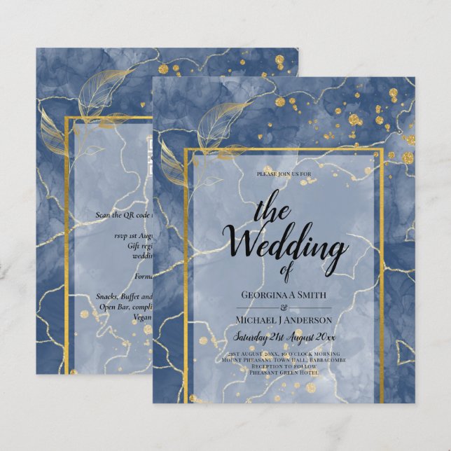 LeahG Navy Blue Gold INK Abstract Wedding INVITE (Front/Back)