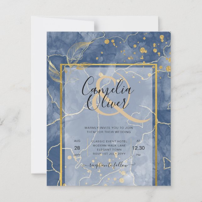 LeahG Navy Blue Gold INK Abstract Wedding INVITE (Front)