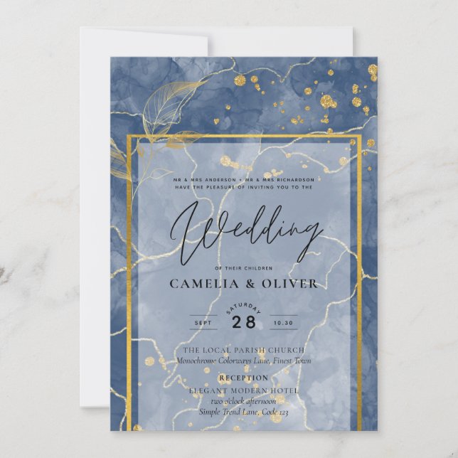 LeahG Navy Blue Gold INK Abstract Wedding INVITE (Front)