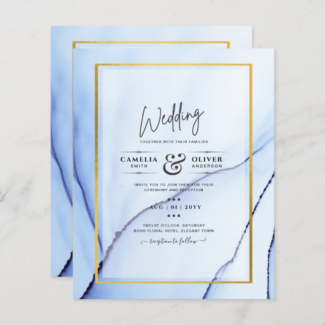 LeahG Navy Blue Gold INK Abstract Wedding INVITE (Front/Back)