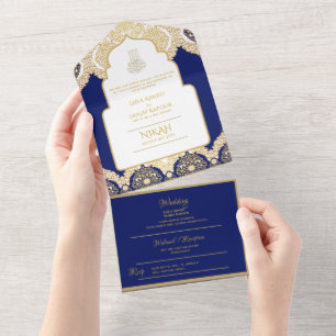 LeahG Navy Blue Gold Islamic Muslim Wedding Nikah All In One Invitation