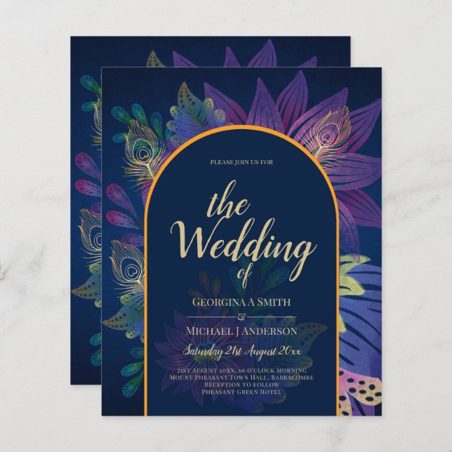 LeahG Navy Purple Gold JEWEL TONES Wedding INVITE (Front/Back)