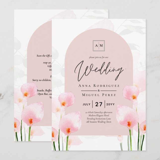 LeahG Pink Calla Lily Floral Wedding Invite (Front/Back)