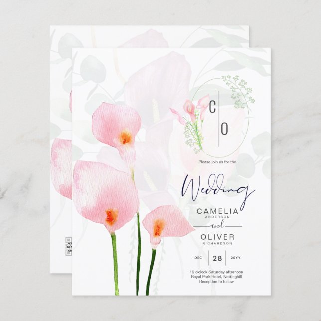 LeahG Pink Calla Lily Floral Wedding Invite (Front/Back)