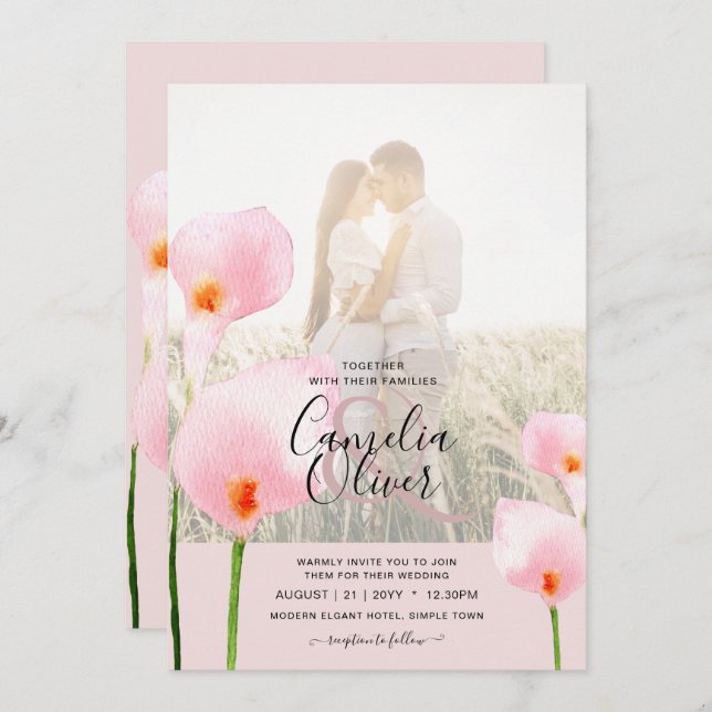 LeahG Pink Calla Lily PHOTO Overlay Wedding Invite (Front/Back)