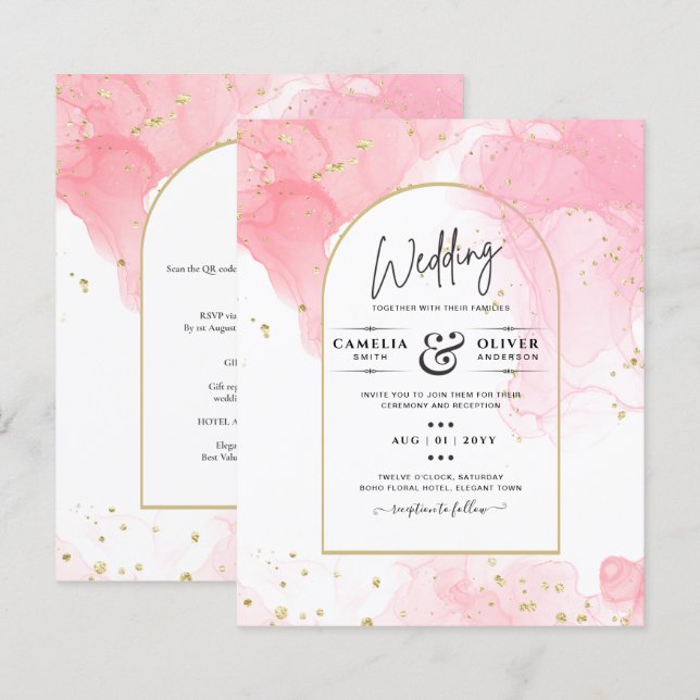 LeahG PINK GOLD INK Abstract Wedding INVITE (Front/Back)