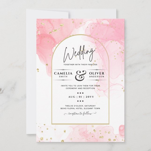 LeahG PINK GOLD INK Abstract Wedding INVITE (Front)