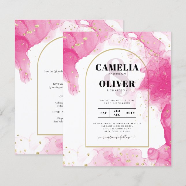 LeahG PINK GOLD INK Abstract Wedding INVITE (Front/Back)