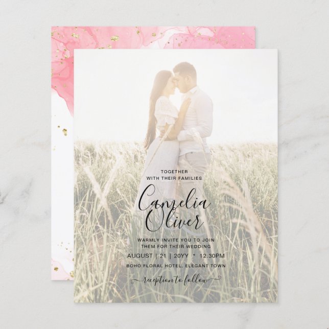 LeahG PINK GOLD INK Abstract Wedding INVITE (Front/Back)