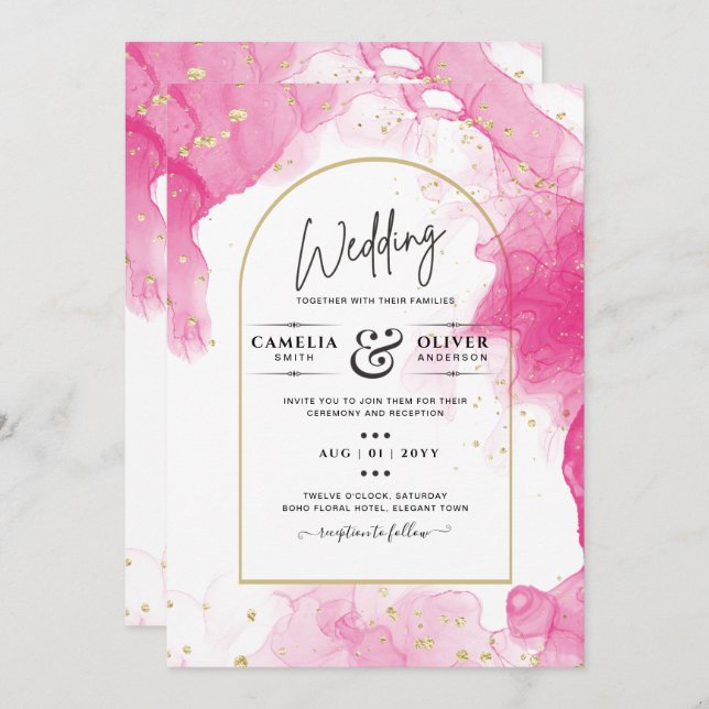 LeahG PINK GOLD INK Abstract Wedding INVITE (Front/Back)