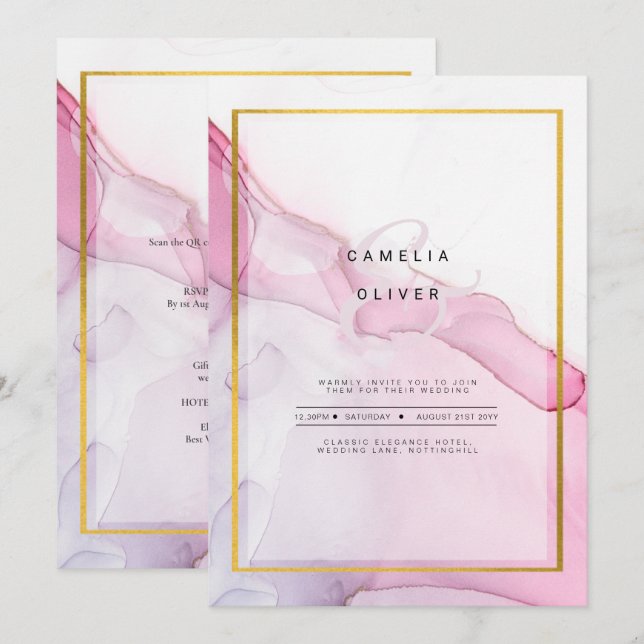 LeahG PINK Purple Ink Abstract Wedding INVITE (Front/Back)