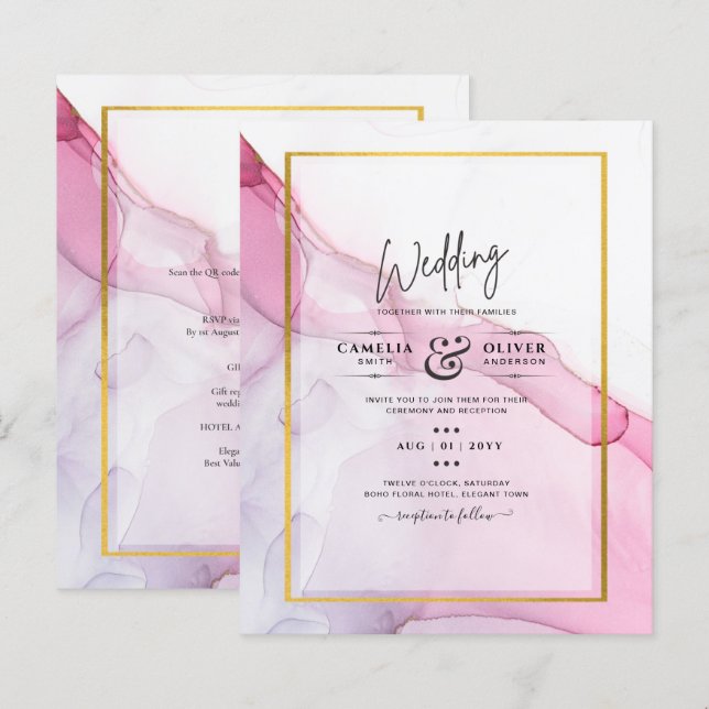 LeahG PINK Purple Ink Abstract Wedding INVITE (Front/Back)
